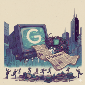 Ilustração estilizada de um monitor moderno exibindo o logotipo do Google, de onde saem tentáculos robóticos que devoram um jornal físico com o nome fictício 'O Veridiano', em um cenário de metrópole ao anoitecer