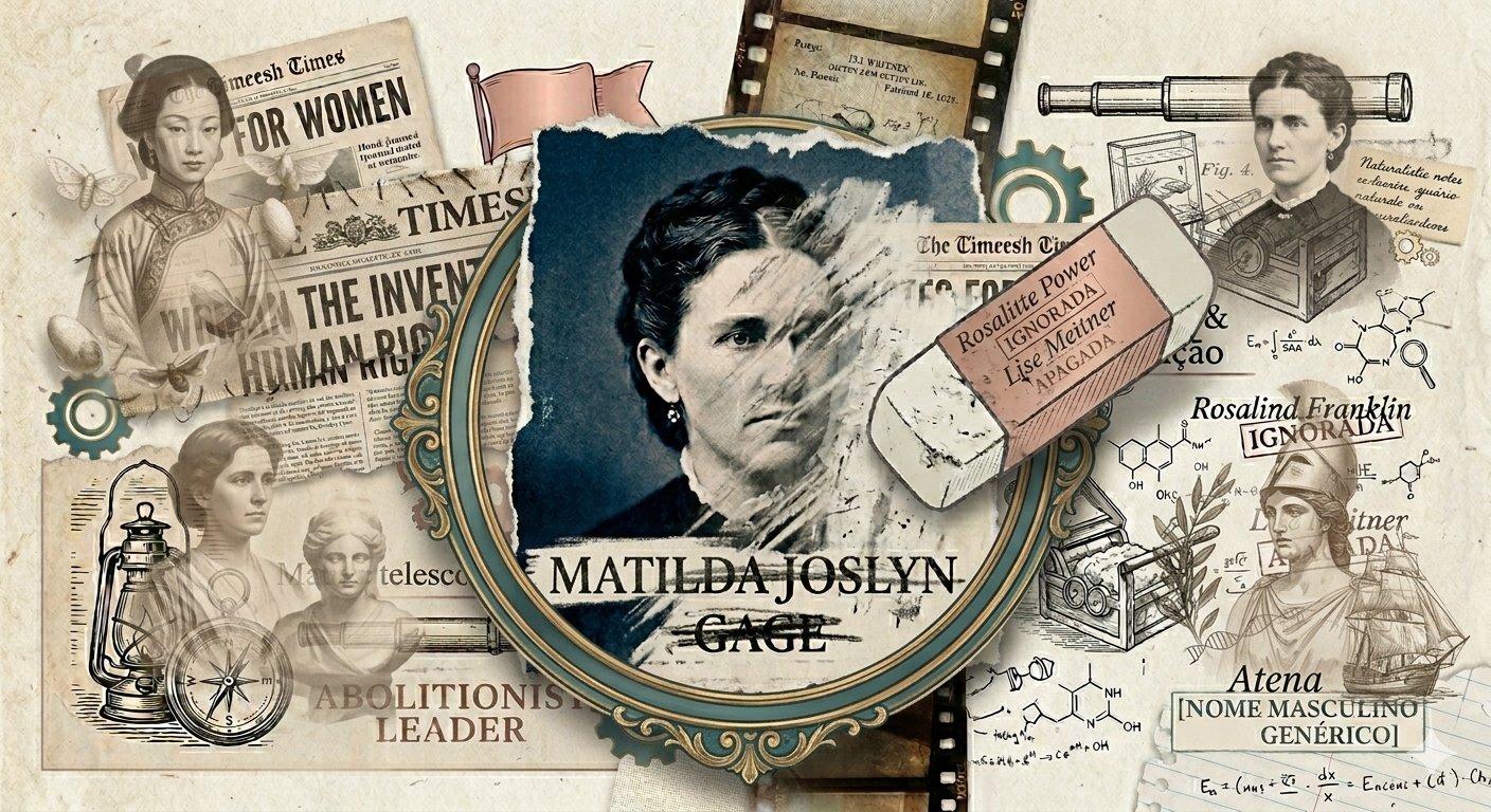 Colagem em estilo jornal antigo com o retrato central de Matilda Joslyn Gage sendo parcialmente apagado por uma borracha, cercado por nomes de cientistas como Rosalind Franklin e símbolos de sufragismo e abolicionismo.
