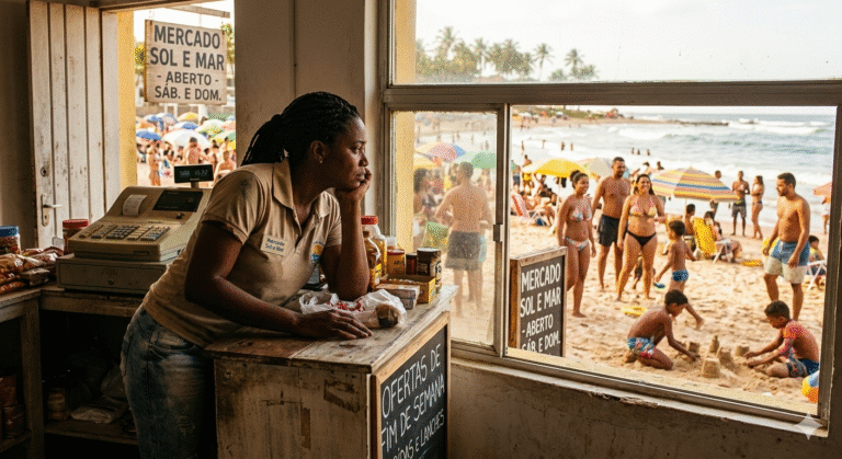 Mulher negra trabalhando no fim de semana observa pela janela pessoas se divertindo na praia