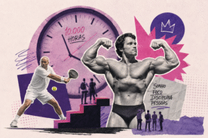 Colagem mostra Arnold Schwarzenegger e Andre Agassi, com um relógio enorme atrás marcando 10 mil horas