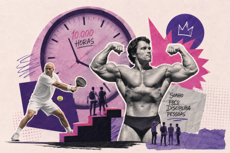 Colagem mostra Arnold Schwarzenegger e Andre Agassi, com um relógio enorme atrás marcando 10 mil horas