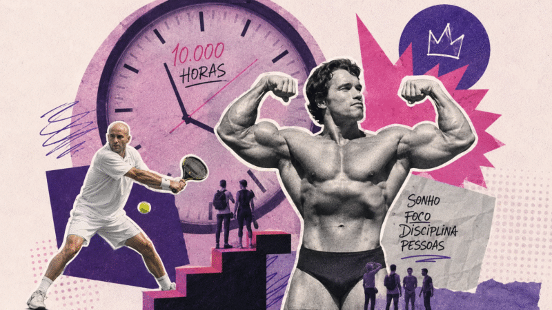 Colagem mostra Arnold Schwarzenegger e Andre Agassi, com um relógio enorme atrás marcando 10 mil horas