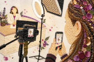 Montagem com grãos, sementes e flores representa uma gravação em estúdio, com câmera, celular e iluminação voltados para uma profissional