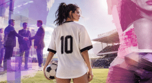 Mulher de costas, segurando uma bola de futebol e vestindo uma camisa que remete ao uniforme do Corinthians; ela está em um estádio de futebol, onde 2 executivos fazem negócios ao fundo