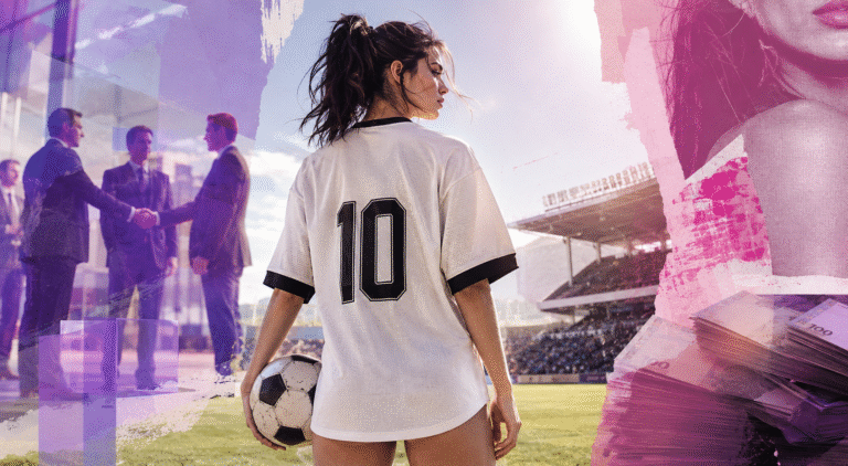 Mulher de costas, segurando uma bola de futebol e vestindo uma camisa que remete ao uniforme do Corinthians; ela está em um estádio de futebol, onde 2 executivos fazem negócios ao fundo