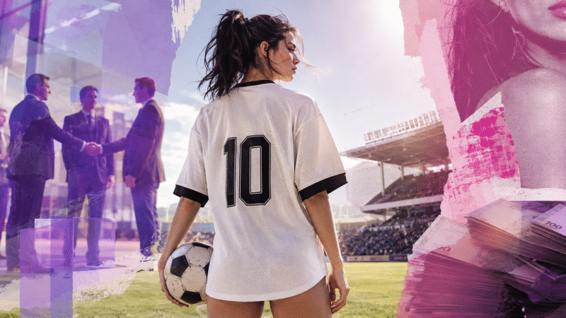 Mulher de costas, segurando uma bola de futebol e vestindo uma camisa que remete ao uniforme do Corinthians; ela está em um estádio de futebol, onde 2 executivos fazem negócios ao fundo