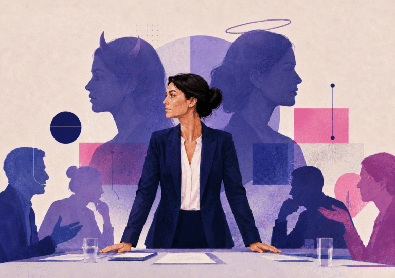 Ilustração mostra mulher executiva, apoiada em uma mesa de reunião rodeada por silhuetas de outras pessoas; ao fundo, há uma sombra com chifrinhos à esquerda e outra com auréola à direita