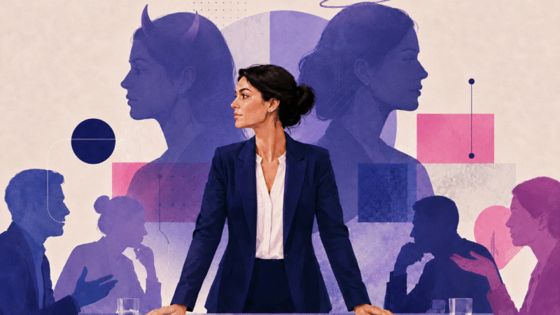 Ilustração mostra mulher executiva, apoiada em uma mesa de reunião rodeada por silhuetas de outras pessoas; ao fundo, há uma sombra com chifrinhos à esquerda e outra com auréola à direita