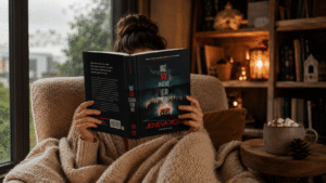 Mulher no sofá lendo o livro "Você não Deveria Estar Aqui"