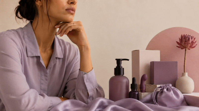 Imagem mostra parte do rosto e do torso e uma mulher, que apoia o colovelo em uma mesa e o rosto em sua mão mulher; na mesa, ao lado dela, há frascos de produtos e um vibrador
