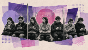 Colagem mostra passageiros sentados lado a lado em um vagão de metrô, quase todos olhando para o celular, enquanto uma mulher ao centro olha para o lado