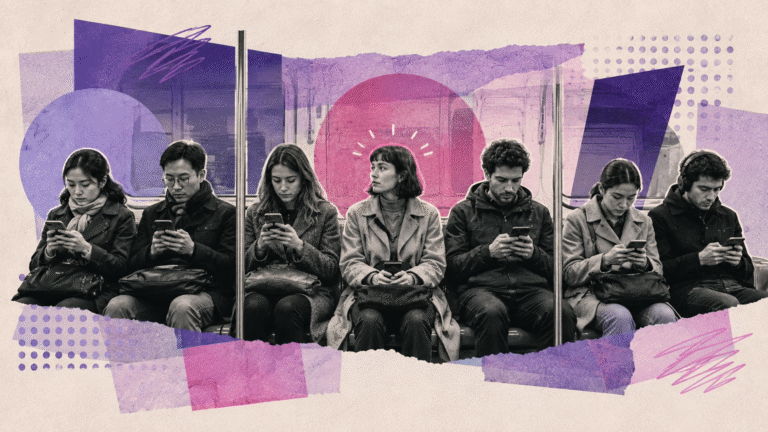 Colagem mostra passageiros sentados lado a lado em um vagão de metrô, quase todos olhando para o celular, enquanto uma mulher ao centro olha para o lado