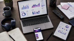 Mesa de trabalho com notebook, celular e tablet exibindo gráficos e conteúdos digitais