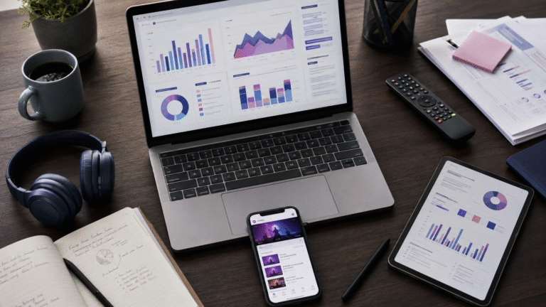 Mesa de trabalho com notebook, celular e tablet exibindo gráficos e conteúdos digitais