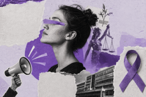 Colagem em tons de roxo mostra mulher em preto e branco, megafone, símbolo da Justiça, prédio corporativo e laço do Agosto Lilás.