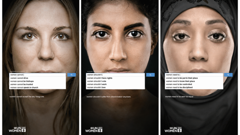 Campanha The Autocomplete Truth, da ONU Mulheres, com rostos de mulheres cobertos por sugestões preconceituosas do autocomplete do Google.