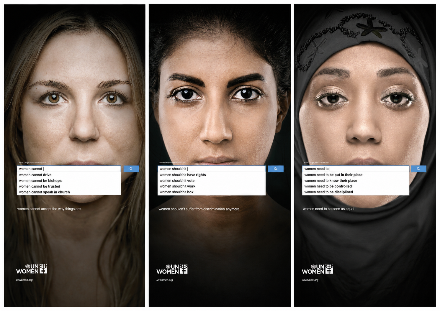 Campanha The Autocomplete Truth, da ONU Mulheres, com rostos de mulheres cobertos por sugestões preconceituosas do autocomplete do Google.