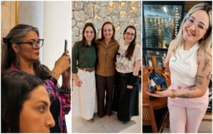 Montagem com registros do Insights Cannes Lions 2026, incluindo participante filmando o encontro, três anfitriãs reunidas e convidada segurando um brinde da Informa Markets