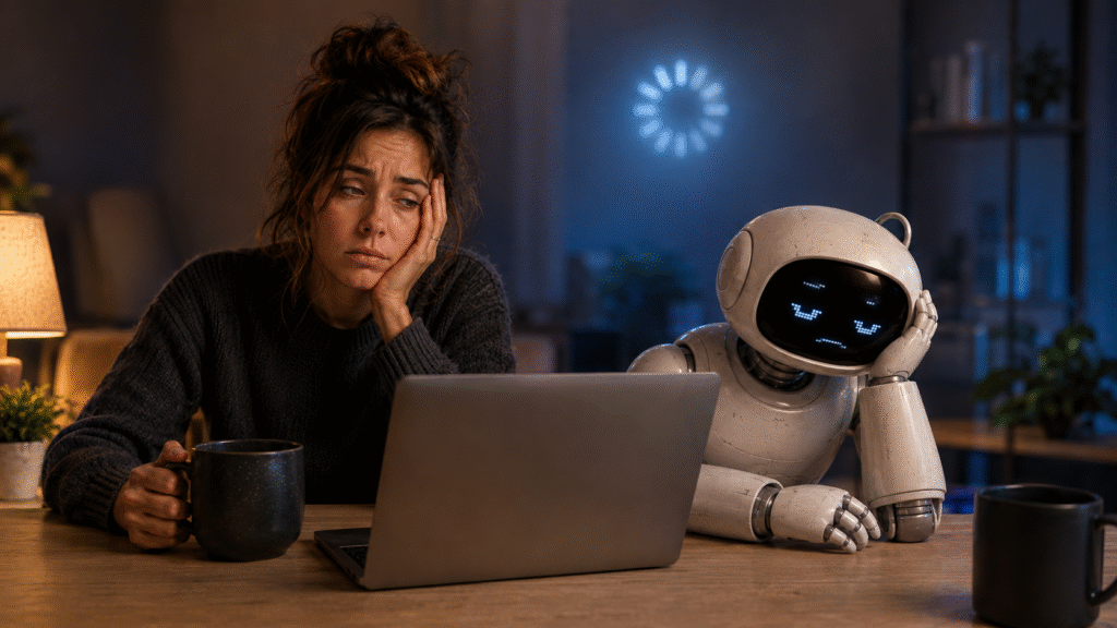 Imagem mostra uma humana e um robô exaustos