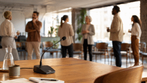Microfone de mesa em primeiro plano, com pessoas conversando ao fundo em um ambiente de reunião