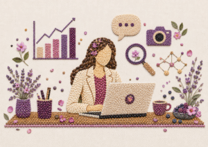 Ilustração em mosaico de grãos e flores mostra mulher diante de notebook, cercada por ícones de dados, comunicação e pesquisa.