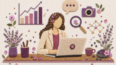 Ilustração em mosaico de grãos e flores mostra mulher diante de notebook, cercada por ícones de dados, comunicação e pesquisa.