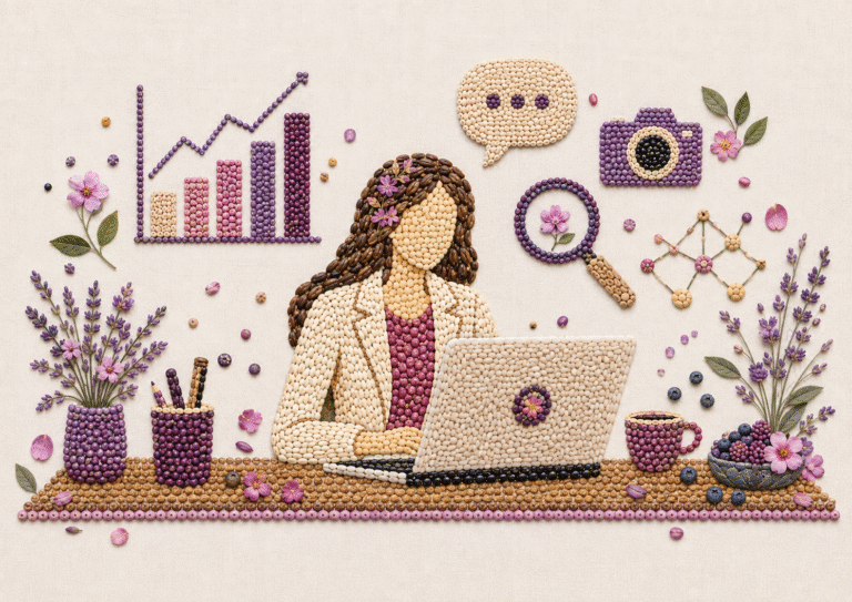 Ilustração em mosaico de grãos e flores mostra mulher diante de notebook, cercada por ícones de dados, comunicação e pesquisa.