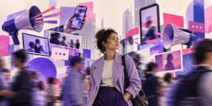 Mulher em meio a uma colagem de telas, celulares, megafones e pessoas em movimento, representando o excesso de estímulos na comunicação