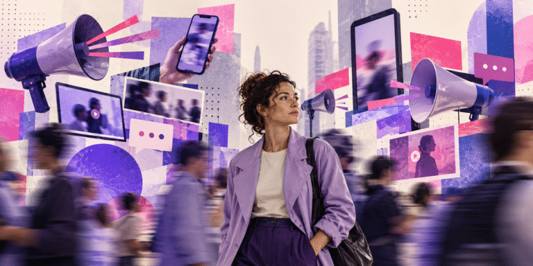 Mulher em meio a uma colagem de telas, celulares, megafones e pessoas em movimento, representando o excesso de estímulos na comunicação