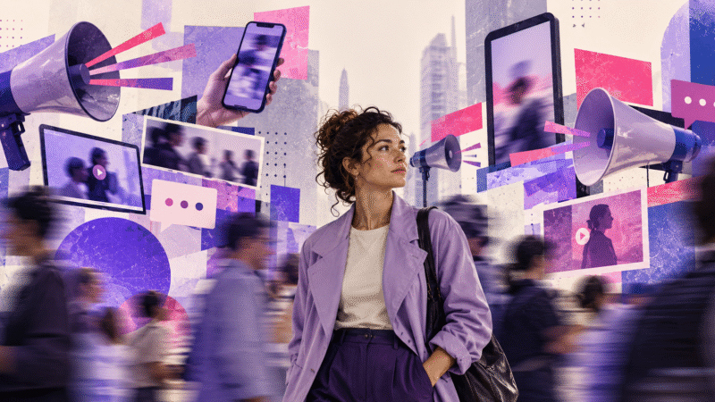 Mulher em meio a uma colagem de telas, celulares, megafones e pessoas em movimento, representando o excesso de estímulos na comunicação