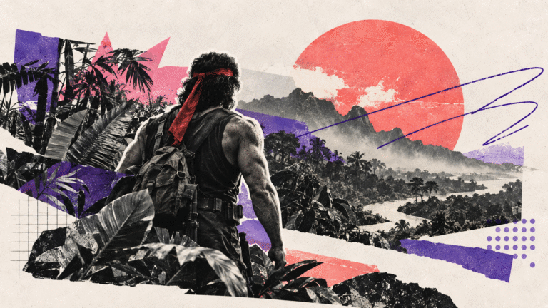 Ilustração em colagem mostra homem com visual de personagem de ação sozinho em meio a uma selva