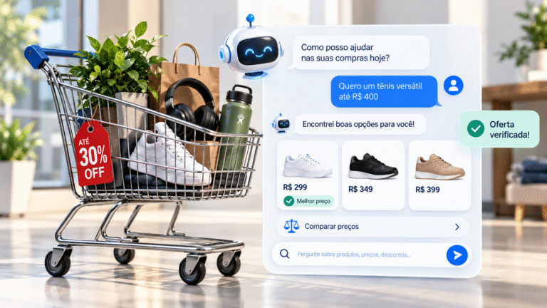 Carrinho de compras ao lado de uma interface de inteligência artificial que compara produtos e preços
