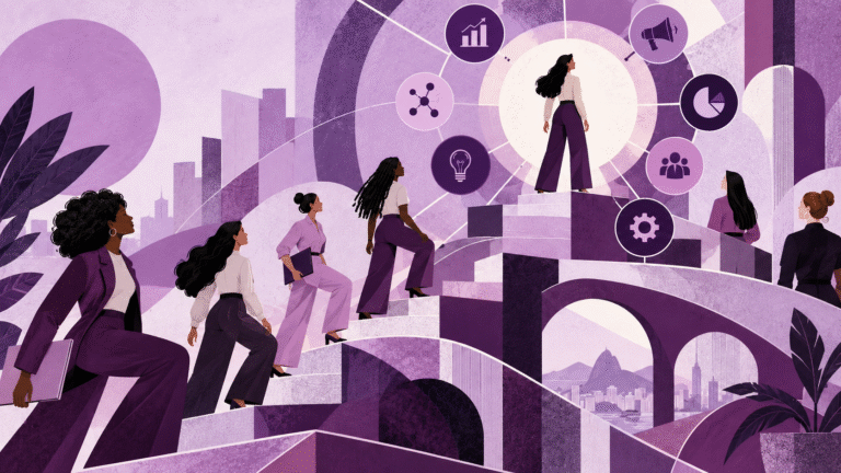 Ilustração gráfica mostra mulheres diversas subindo degraus em direção a posições estratégicas ligadas a negócios, mídia, dados, tecnologia e marketing