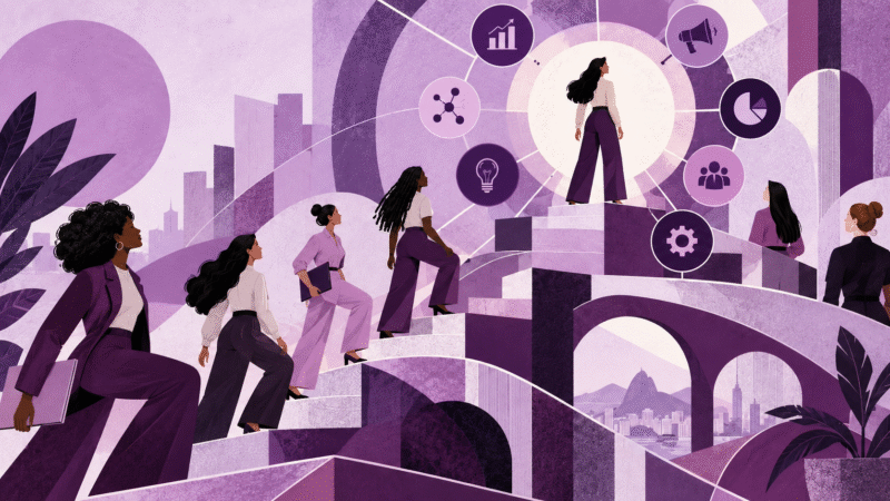 Ilustração gráfica mostra mulheres diversas subindo degraus em direção a posições estratégicas ligadas a negócios, mídia, dados, tecnologia e marketing