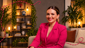 Ana Gabriela Marin, de blazer rosa, em retrato horizontal com interferência gráfica de linha de bordado rosa ao redor da imagem