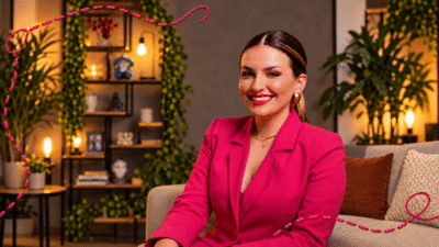 Ana Gabriela Marin, de blazer rosa, em retrato horizontal com interferência gráfica de linha de bordado rosa ao redor da imagem