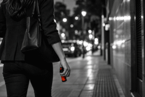 Mulher segura spray de pimenta em cena urbana em preto e branco
