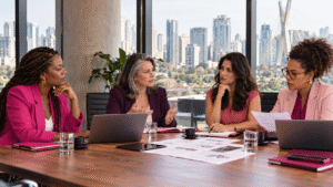 Quatro mulheres analisam documentos e discutem investimentos durante uma reunião em um escritório em São Paulo