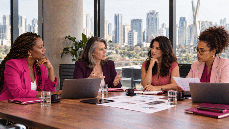 Quatro mulheres analisam documentos e discutem investimentos durante uma reunião em um escritório em São Paulo