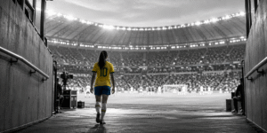Jogadora de futebol com uniforme amarelo caminha pelo túnel em direção ao campo de um estádio lotado