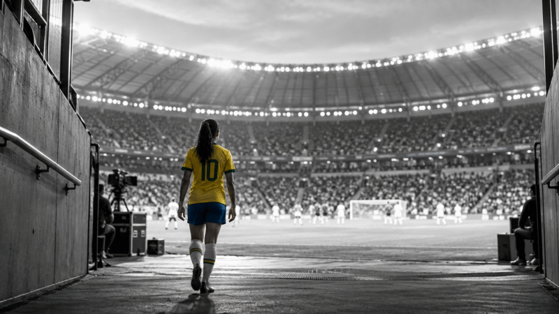 Jogadora de futebol com uniforme amarelo caminha pelo túnel em direção ao campo de um estádio lotado