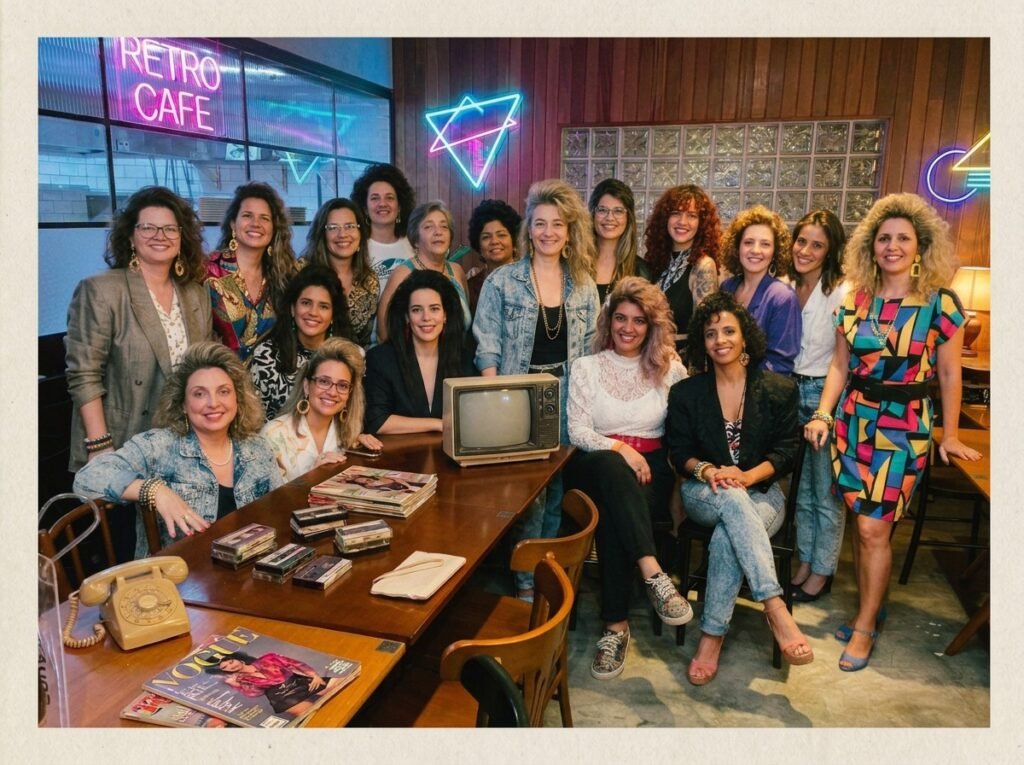 Grupo de mulheres em releitura inspirada nos anos 80, com roupas neon, ombreiras, polainas e cabelos volumosos