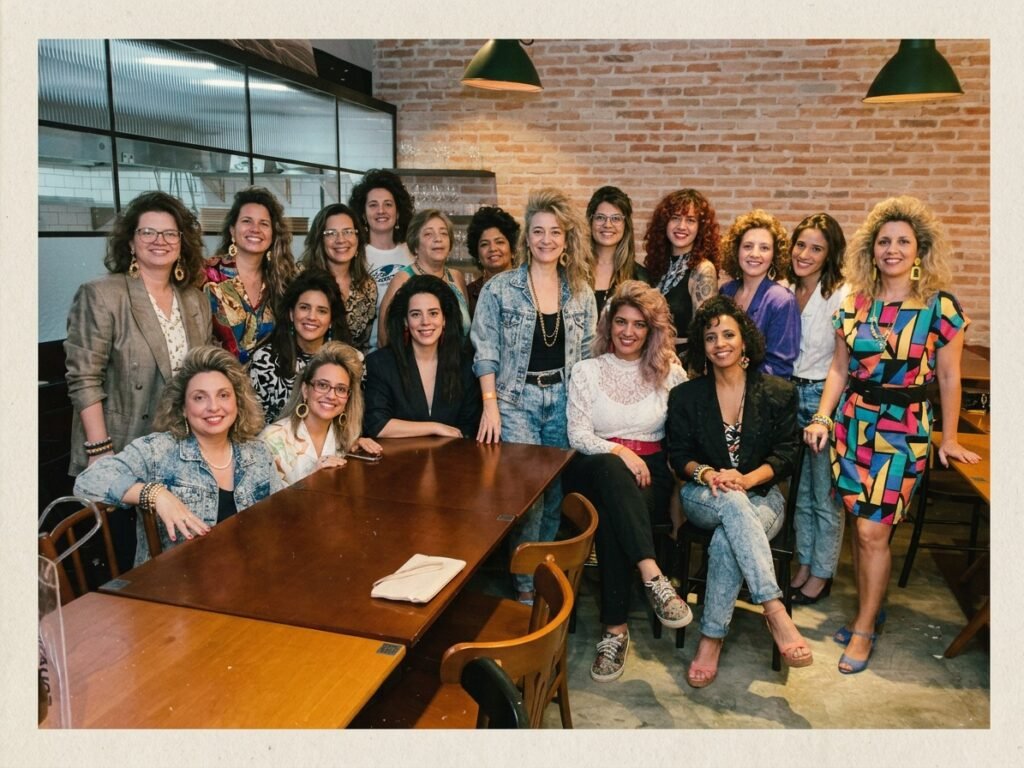 Imagem inspirada na trend dos anos 80, que recria fotos com estética dos anos 80. Um grupo de mulheres aparece com roupas e acessórios neon, ombreiras marcadas, polainas e penteados volumosos típicos da década