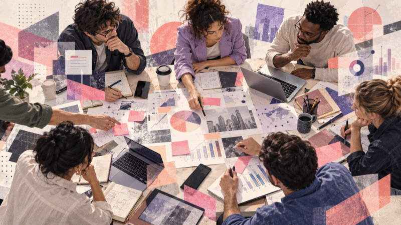 Ilustração de profissionais de marketing reunidos em torno de uma mesa com notebooks, gráficos, anotações e materiais de planejamento