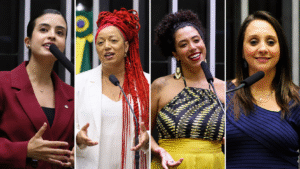 Mosaico com Tabata Amaral, Daiana Santos, Talíria Petrone e Renata Abreu discursando na tribuna da Câmara dos Deputados