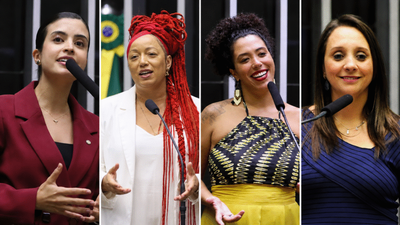 Mosaico com Tabata Amaral, Daiana Santos, Talíria Petrone e Renata Abreu discursando na tribuna da Câmara dos Deputados