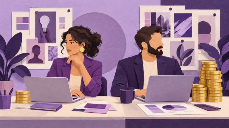 Ilustração em tons de lilás mostra mulher e homem em uma agência, com pilhas de moedas de tamanhos diferentes