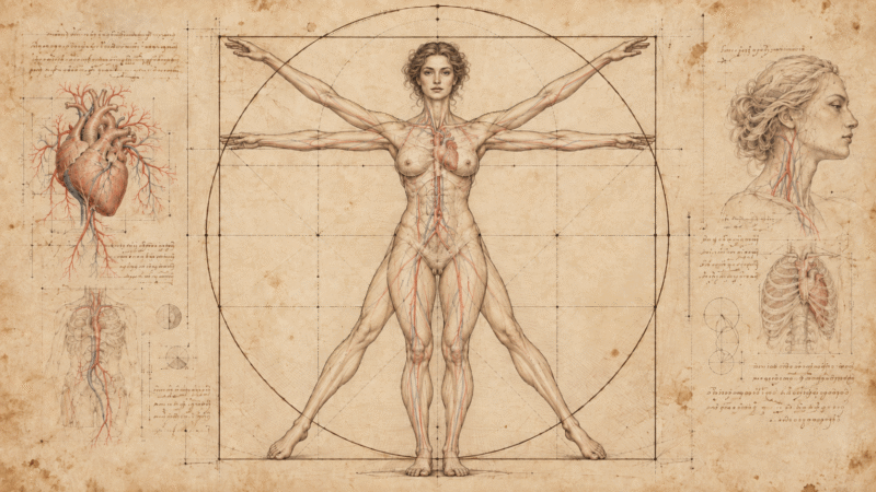 Ilustração de uma mulher em posição vitruviana, cercada por estudos anatômicos de coração e vasos sanguíneos