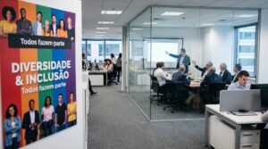 Campanha de diversidade em ambiente corporativo contrasta com reunião de liderança formada por profissionais de perfil semelhante