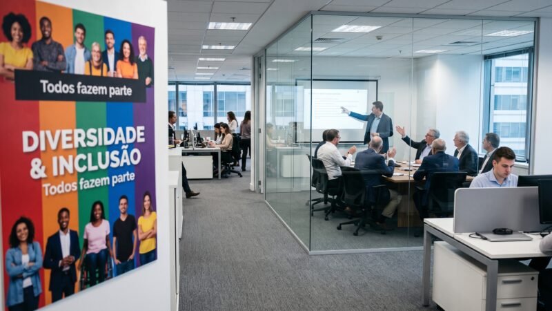 Campanha de diversidade em ambiente corporativo contrasta com reunião de liderança formada por profissionais de perfil semelhante